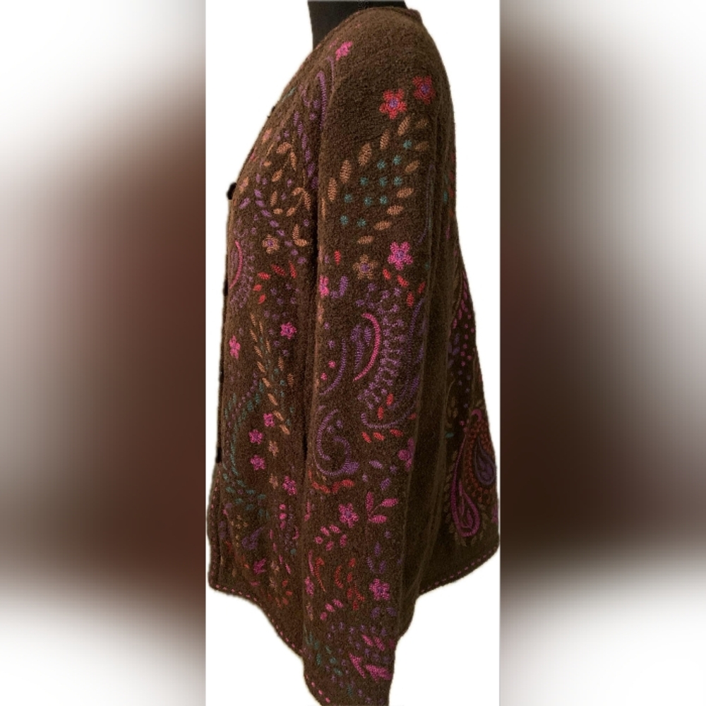 Vintage Boho Linea By Louis Dell'Olio Brown Floral Sweater Coat Size L - Picture 9 of 14